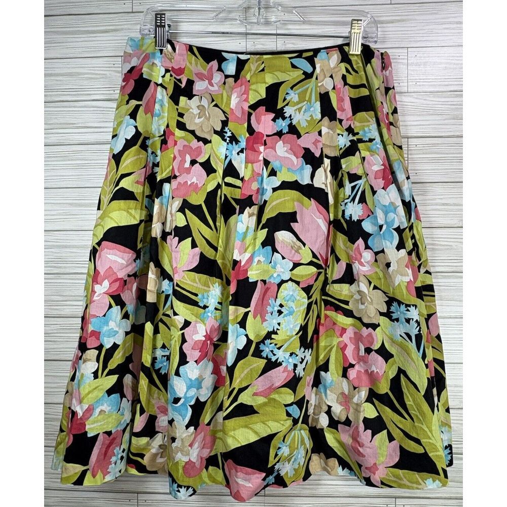 Talbots Women's Floral Pleated Side Zip Midi Cotton Skirt Sz 12 Flare